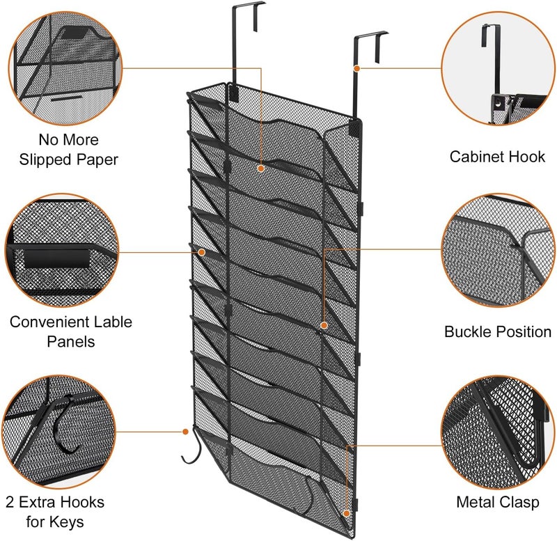 BOHDK 10 Pocket Mesh Hanging Wall File Organizer, Wall Mounted Mail Paper Document Folder Holder, Foldable File Folder Organizer with Label Panel | 2 Hooks | Office Home School Organizer, Black - Image 2